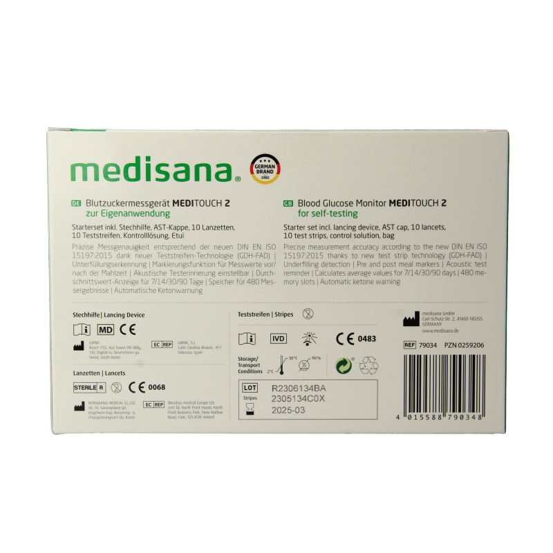 Medisana Meditouch 2 glucosemeter with USB port, displaying digital screen and test strips for blood sugar measurement.