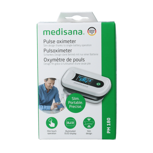 Medisana PM180 saturation and pulse oximeter device showing digital display with finger clip for measuring blood oxygen levels and pulse rate.