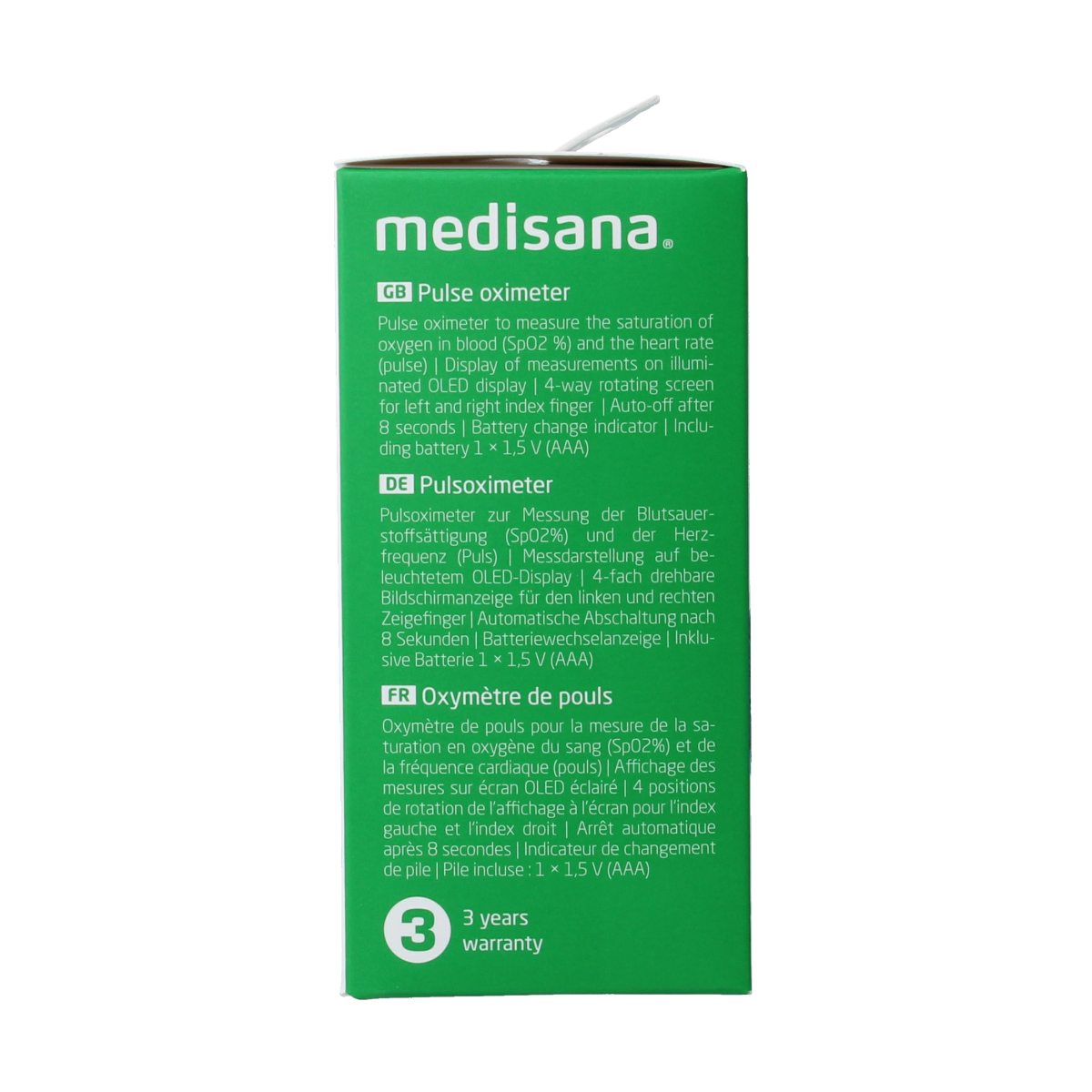 Medisana PM180 pulse oximeter measuring blood oxygen saturation and pulse rate, compact medical instrument.