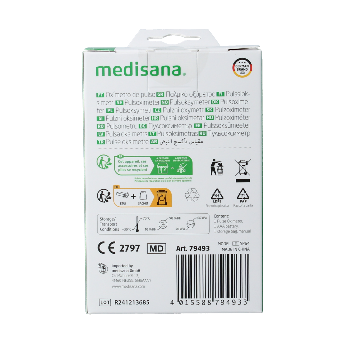 Medisana PM180 pulse oximeter displaying oxygen saturation and pulse rate on digital screen, compact medical instrument.