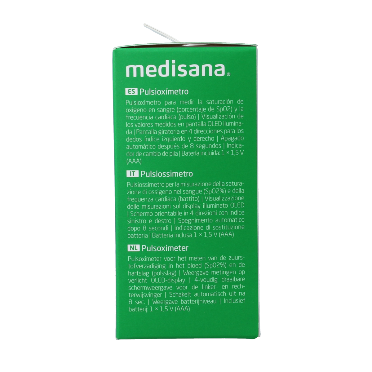 Medisana PM180 pulse oximeter showing digital display of oxygen saturation and pulse rate in a compact medical instrument.