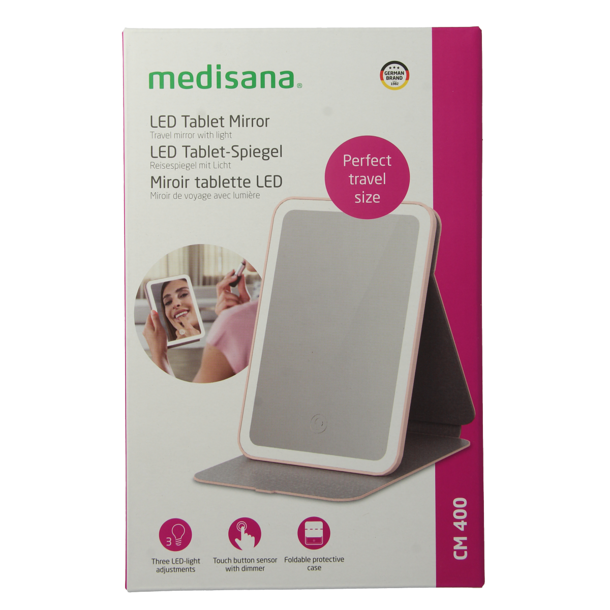 Medisana Cosmeticaspiegel CM 400 for bathroom and toilet use, round mirror with adjustable stand in a bathroom setting.