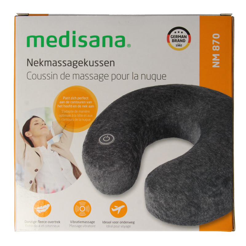 Medisana NM870 neck massage cushion for muscle and joint relief, showing the ergonomic design and control panel.