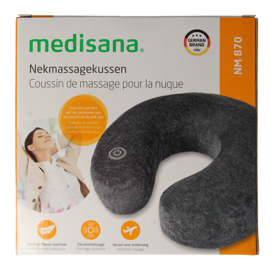 Medisana NM870 neck massage cushion for muscle and joint relief, showing the ergonomic design and control panel.