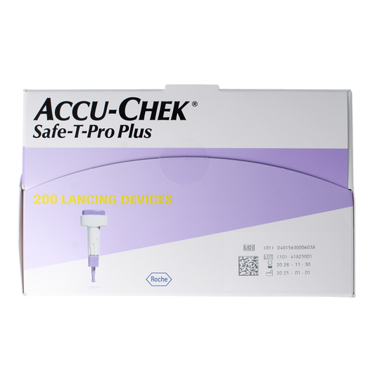 Accu-Chek Safe T-pro plus lancetten for blood glucose testing, 200-pack, with sterile needle tips and safety features.