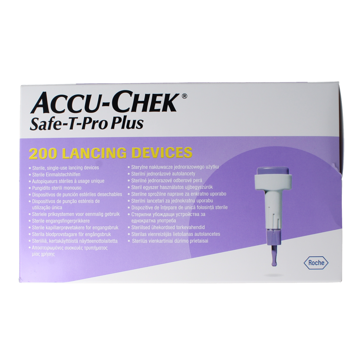 Accu-Chek Safe T-Pro Plus lancetten pack with 200 sterile lancets for blood glucose testing, shown in the image.