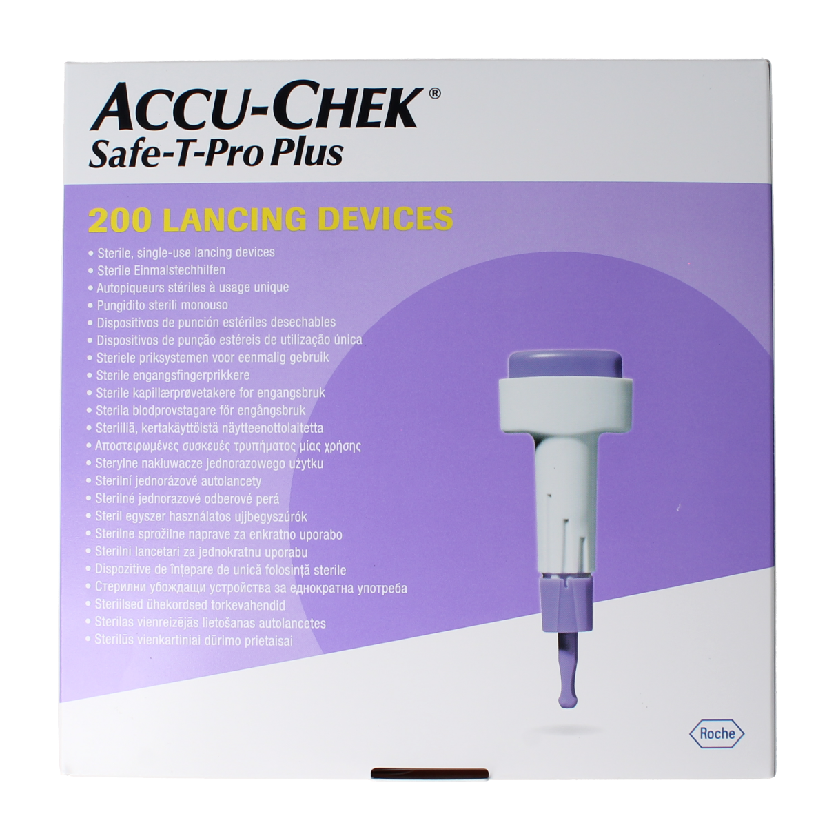 Accu-Chek Safe T-pro plus lancetten pack with 200 sterile lancets for blood glucose testing, shown in the image.