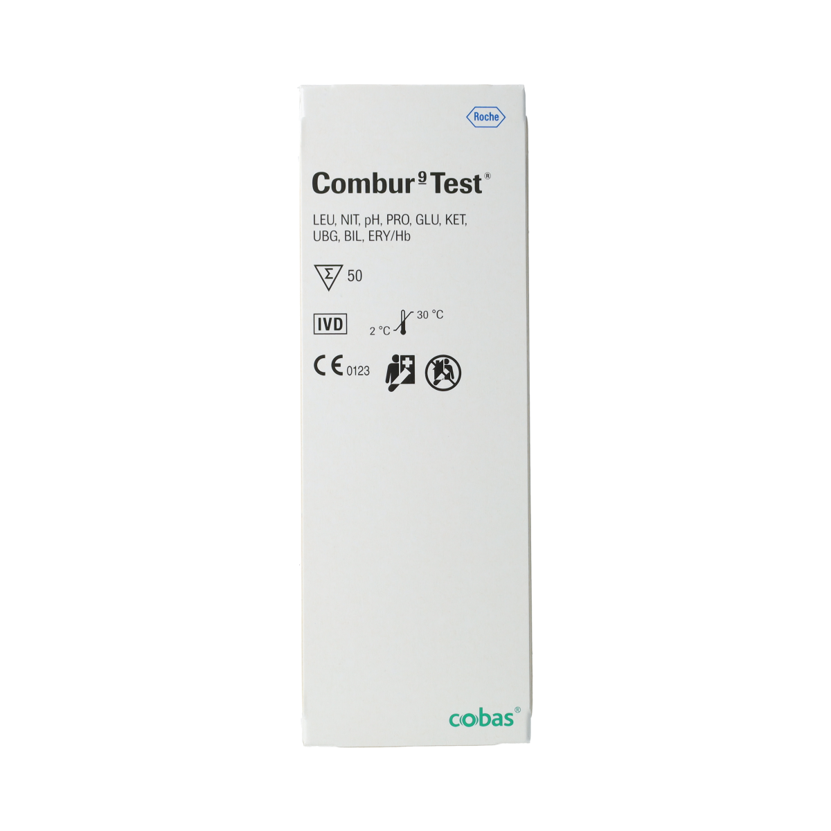 Roche Combur 9 test strips for urinalysis, 50-pack, with multiple color-coded pads for various health tests.
