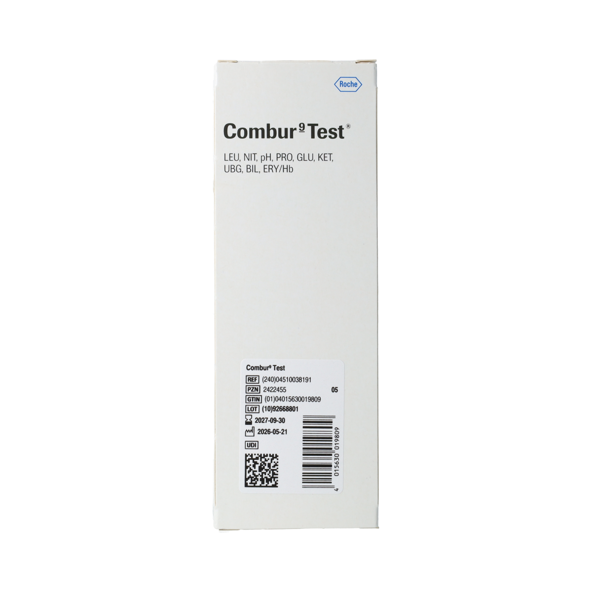 Roche Combur 9 test strips for urinalysis, 50-pack, showing individual strips with color indicator pads for medical testing.