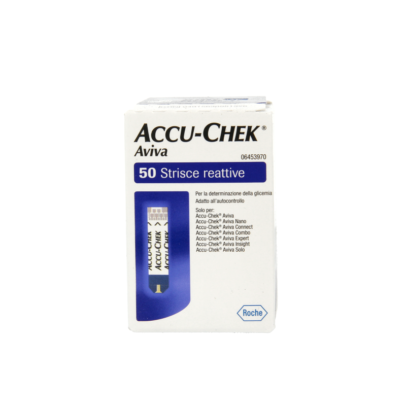 Accu-Chek Aviva test strips, non-code, 50-pack, designed for blood glucose testing, with packaging and strips visible in the image.