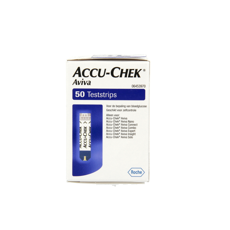 Accu-Chek Aviva test strips, non-code, 50-pack, showing the small strips with color-coded ends for blood glucose testing.