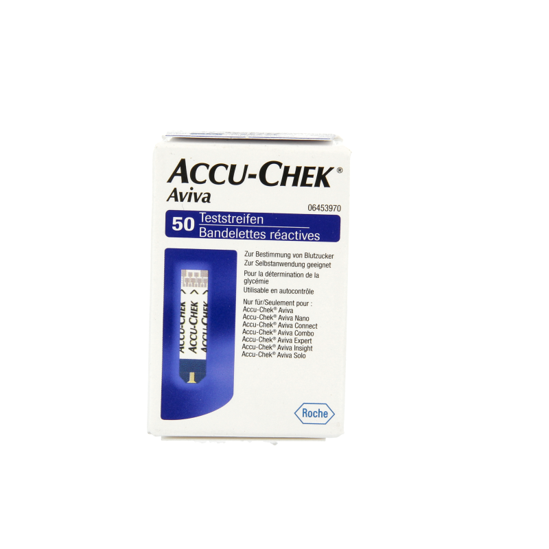 Accu-Chek Aviva test strips non-code, 50-pack, for blood glucose testing, with white and blue packaging and strip container.