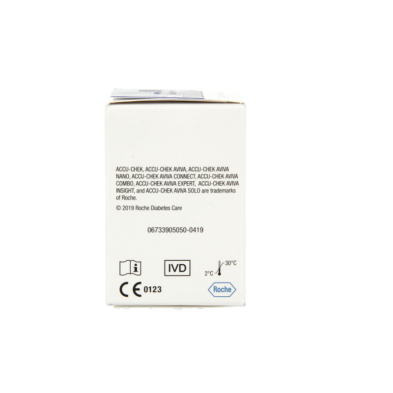 Accu-Chek Aviva test strips non-code, 50-pack, for blood glucose monitoring, featuring a small, rectangular design with a color-coded end.
