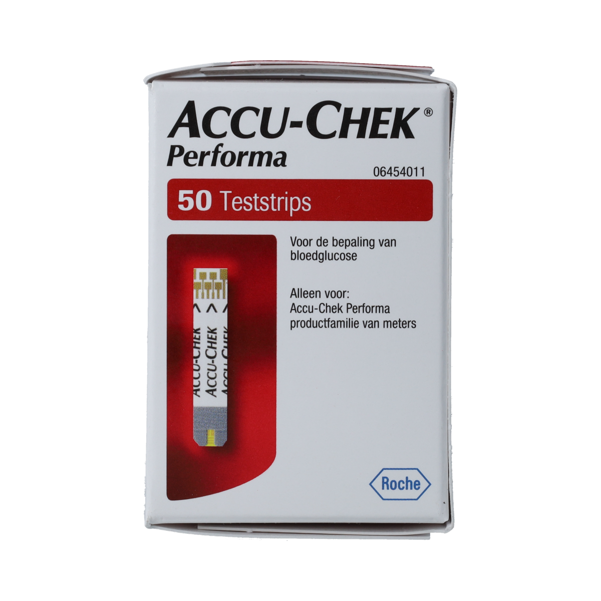 Accu-Chek Performa blood glucose test strips, 50 count, with packaging and strip details visible.