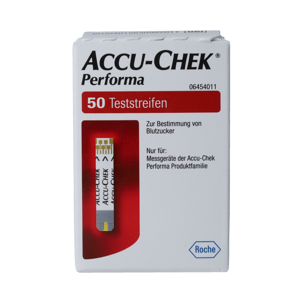 Accu-Chek Performa test strips, 50 count, for blood glucose monitoring, with packaging showing the strips and brand logo.