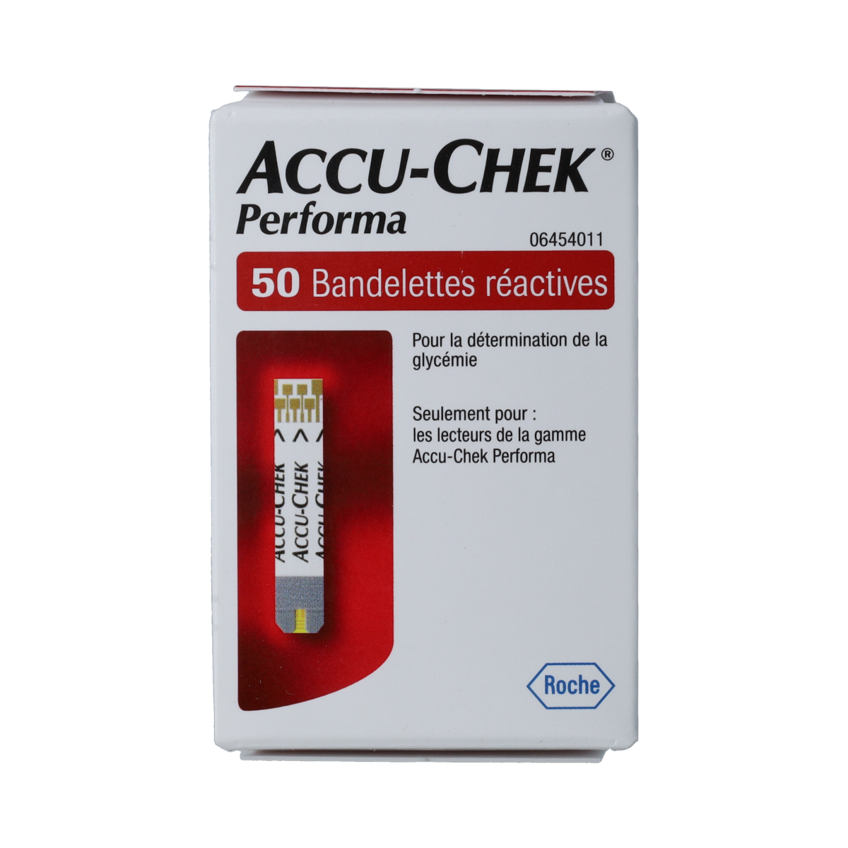 Accu-Chek Performa test strips for blood glucose monitoring, showing a box of 50 strips with barcode and packaging details.
