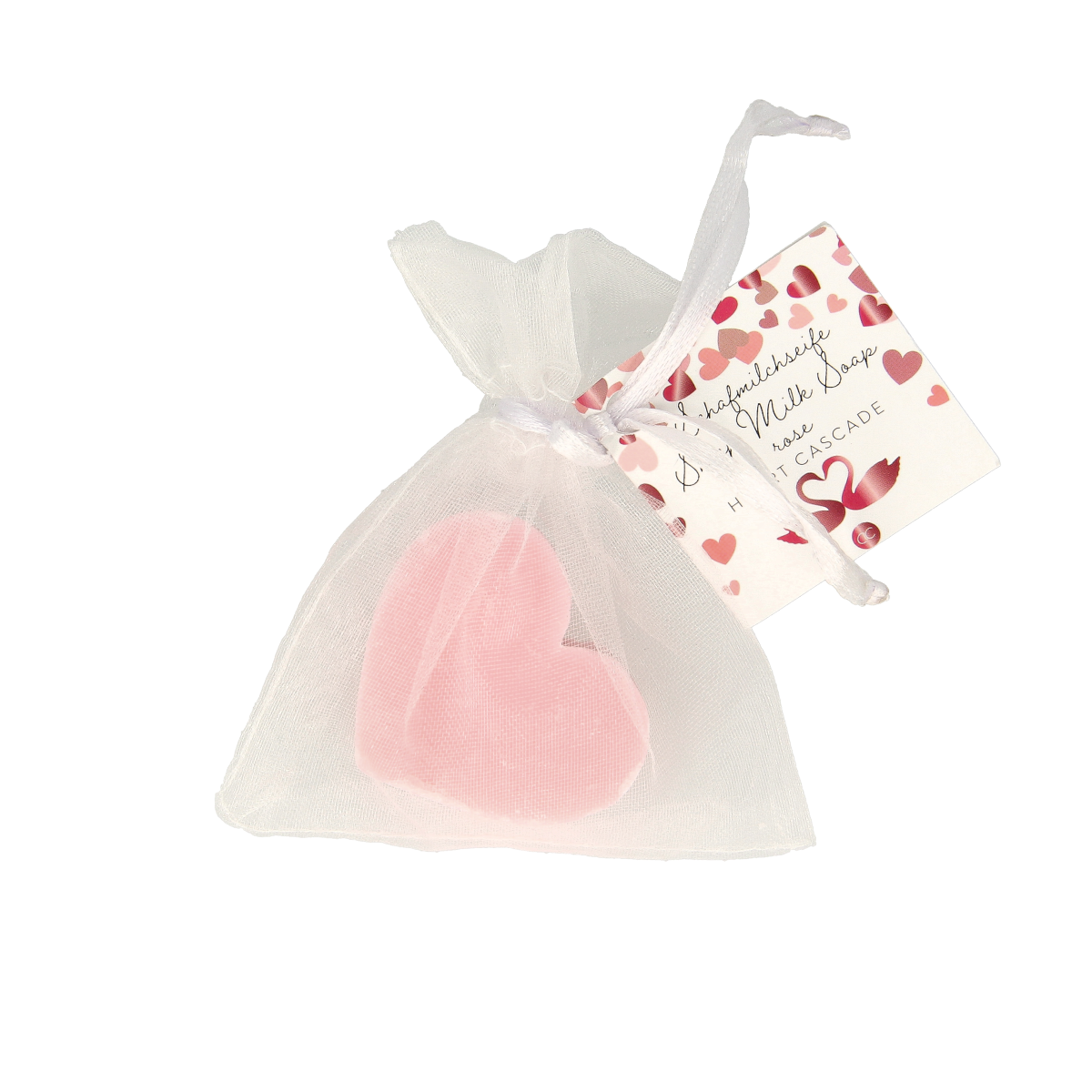 Sheep milk soap heart-shaped cascade by Merkloos, natural body care product, with white and soft pink colors.