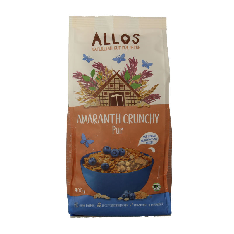 Allos Crunchy Amarant bio breakfast cereal in a 400g package, featuring crunchy amarant grains and organic ingredients.