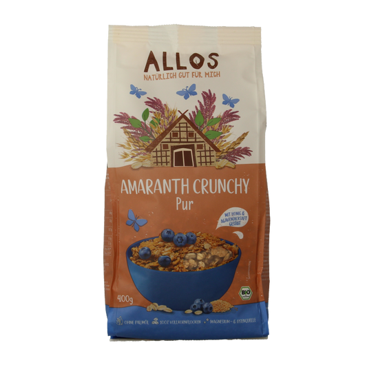 Allos Crunchy Amarant bio breakfast cereal in a 400g package, featuring crunchy amarant grains and organic ingredients.