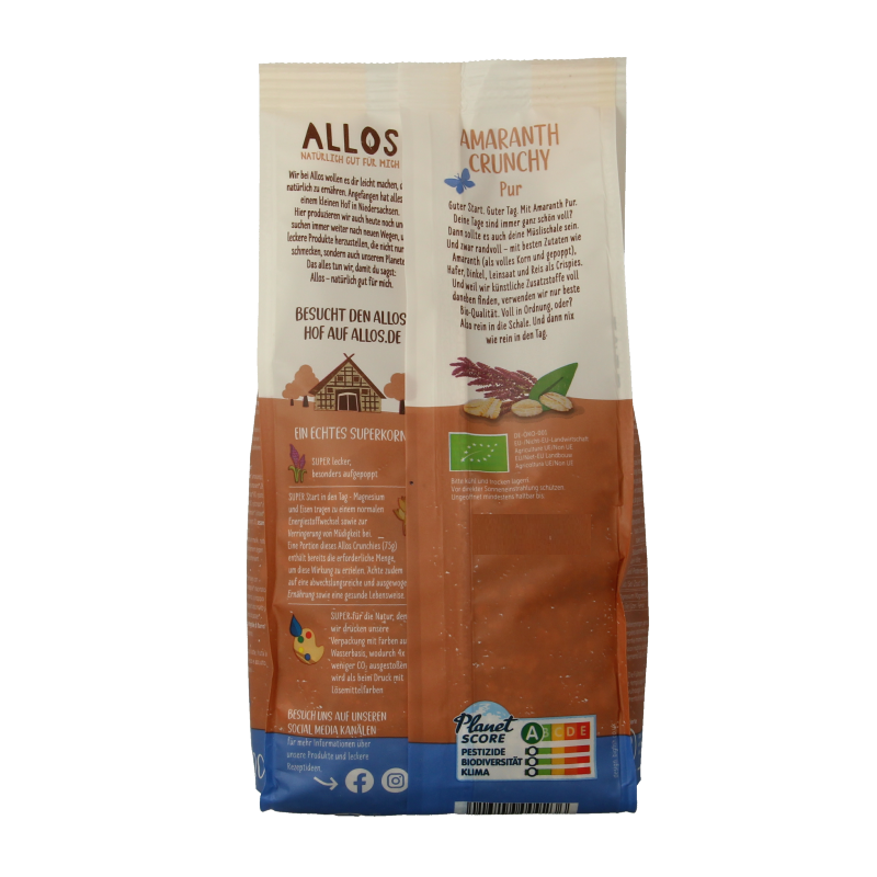 Allos Crunchy Amarant Basic Bio breakfast cereal in a 400g package, featuring crunchy amarant grains in a natural, organic form.