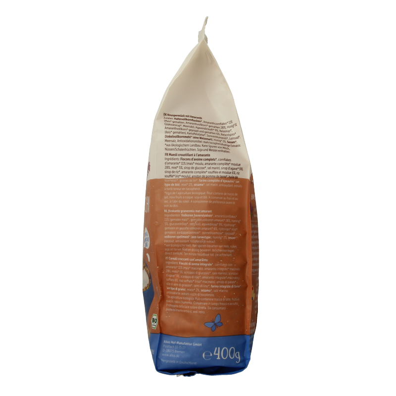 Allos Crunchy Amarant Basic Bio breakfast cereal in a 400g package, featuring crunchy amarant grains for a healthy start.