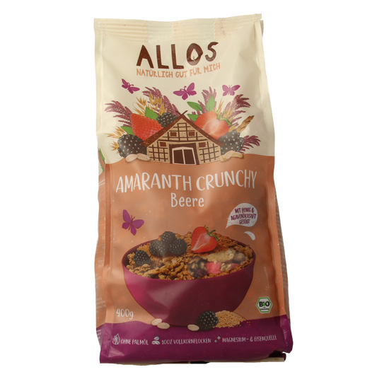 Allos Crunchy Amarant with dried berries organic breakfast cereal in a bowl with a spoon, 400 grams.