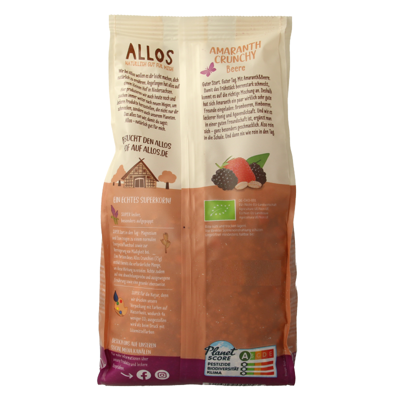 Allos Crunchy Amarant Rode Vruchten bio breakfast cereal in a 400g package, featuring crunchy grains with dried fruits