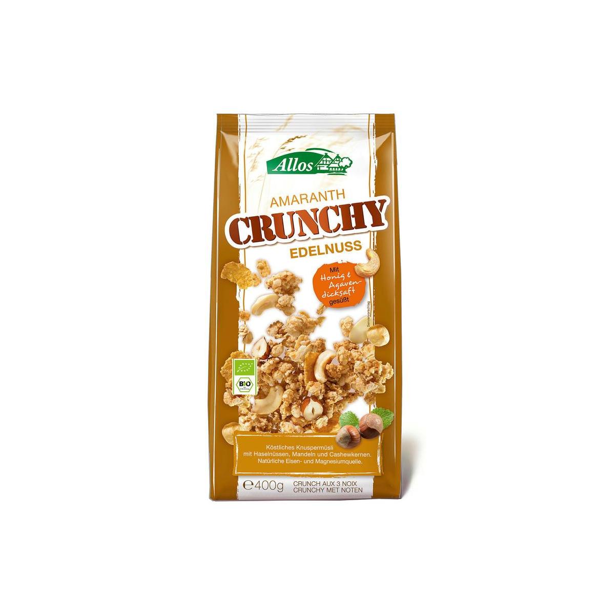 Allos Crunchy Amarant triple nuts organic breakfast cereal in a 400g package with colorful packaging and a bowl of cereal.