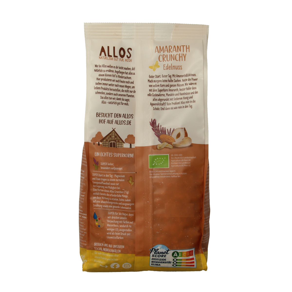Allos Crunchy amarant triple nuts organic breakfast cereal in 400g package, featuring crunchy texture and nut blend.