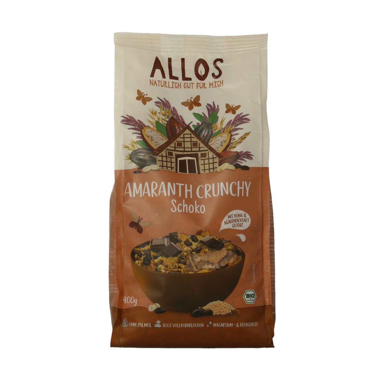 Allos Crunchy amarant chocolade bio breakfast cereal in a 400g package, featuring crunchy amarant grains with chocolate flavor.