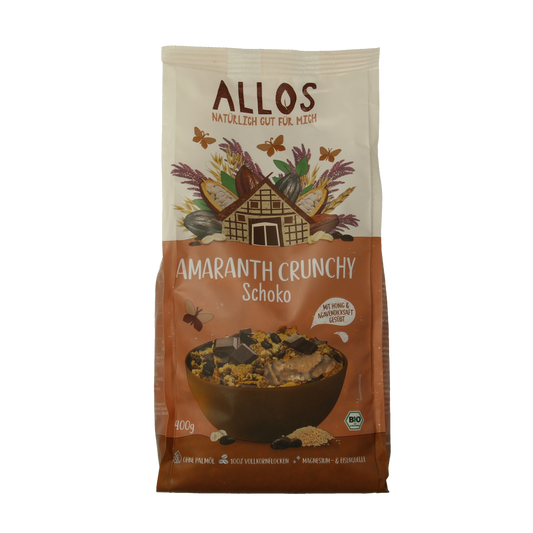 Allos Crunchy amarant chocolade bio breakfast cereal in a 400g package, featuring crunchy amarant grains with chocolate flavor.