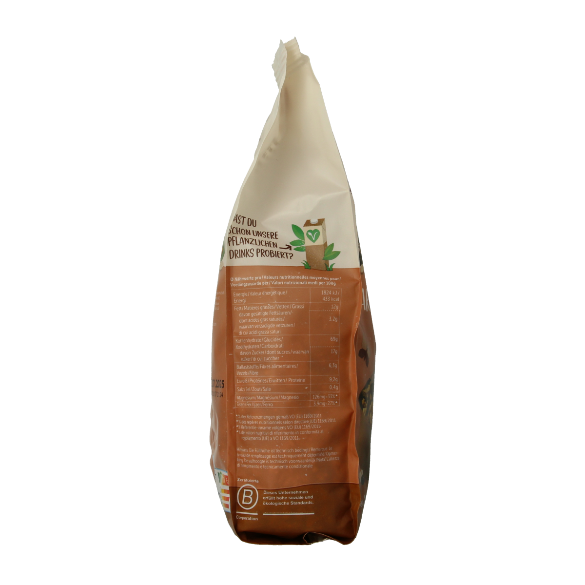 Allos Crunchy Amarant Chocolade bio ontbijtgranen in een kom, met chocolade en amarantkorrels, 400 gram verpakking.