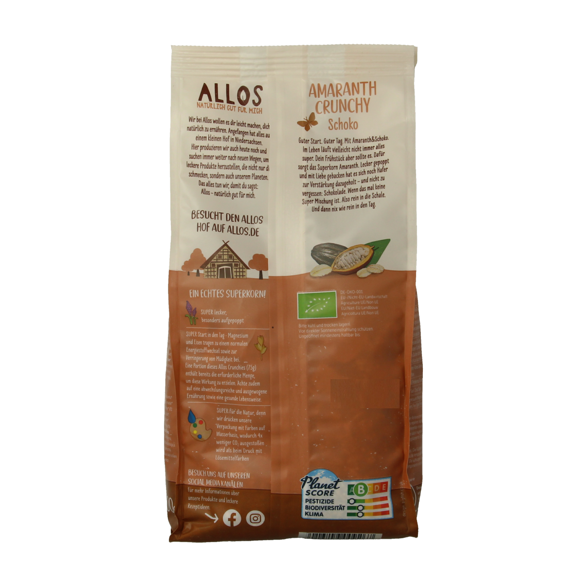 Allos Crunchy Amarant Chocolade bio breakfast cereal in 400g packaging, featuring crispy amarant grains with chocolate flavor.