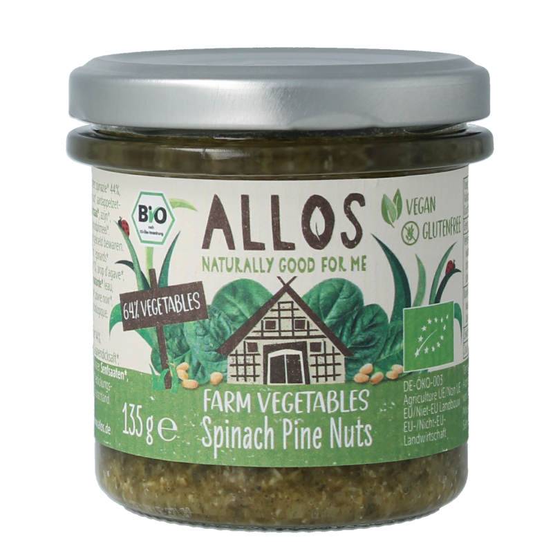 Allos Farm organic spinach with pine nuts in a 135g package, fresh vegetables and fruit for healthy cooking.