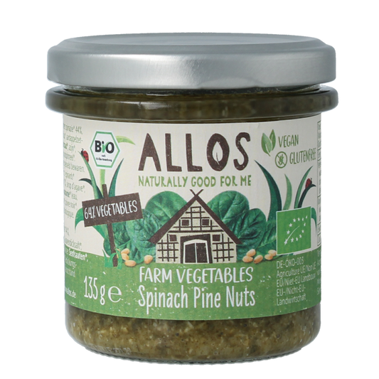 Allos Farm organic spinach with pine nuts in a 135g package, fresh vegetables and fruit for healthy cooking.
