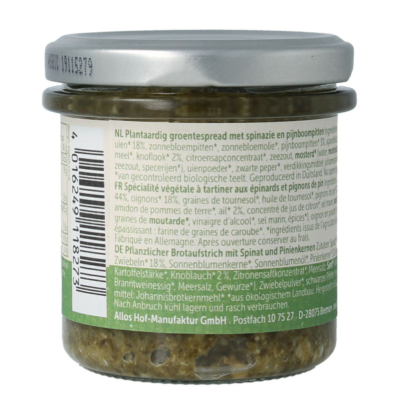 Allos Farm organic spinach and pine nuts in 135g package, fresh vegetables for healthy meals.
