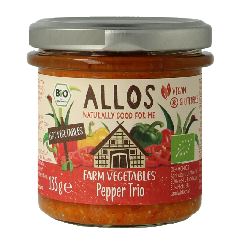 Allos Farm bio vegetable pepper trio spread on bread, featuring colorful red, yellow, and green peppers in a 135g jar.