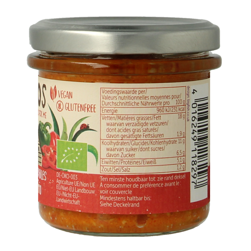 Allos Farm bio vegetable pepper trio spread on bread, featuring colorful red, yellow, and green peppers in a 135g jar.