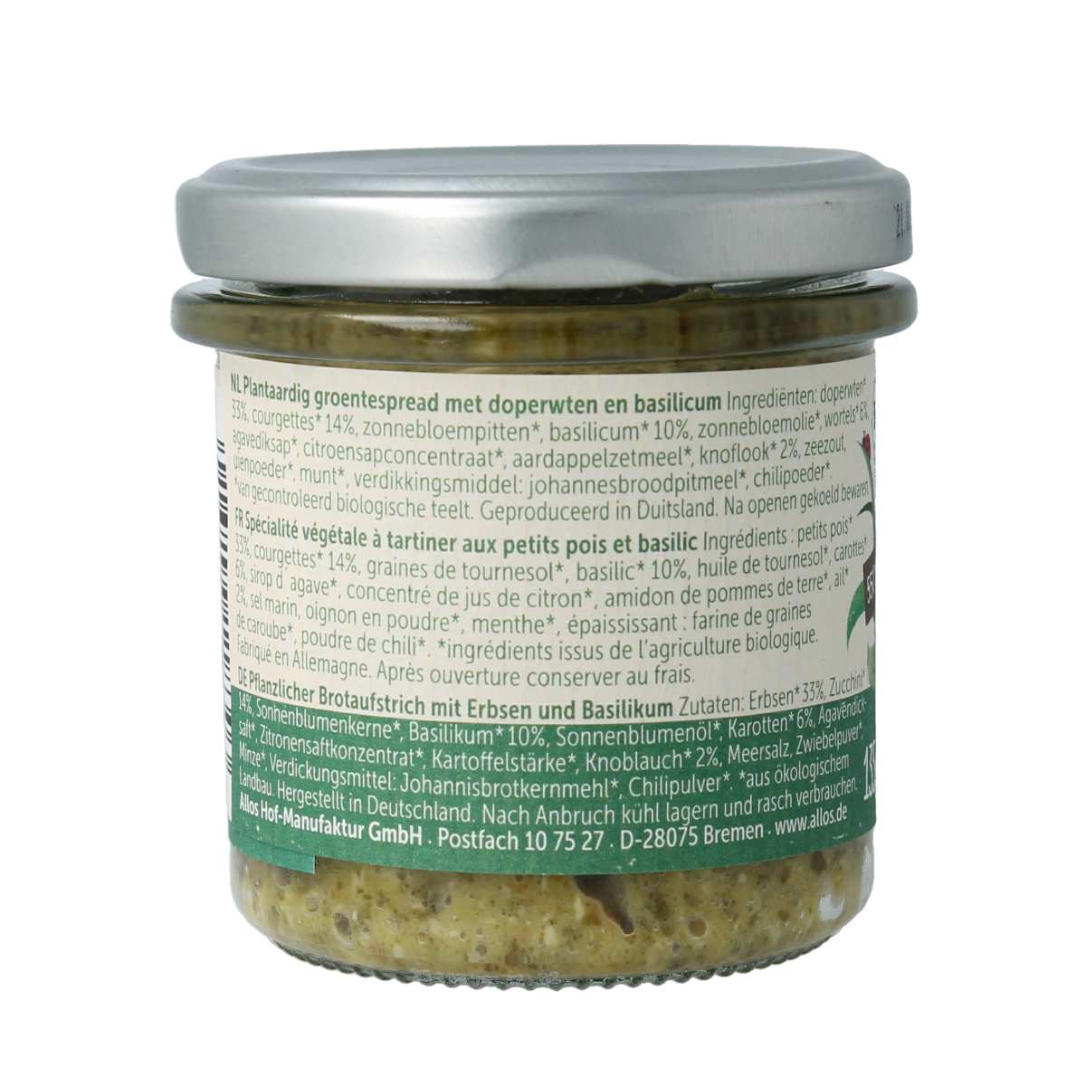 Allos Farm organic vegetable spread with peas and basil on bread, 135g jar, natural ingredients, fresh and vibrant.