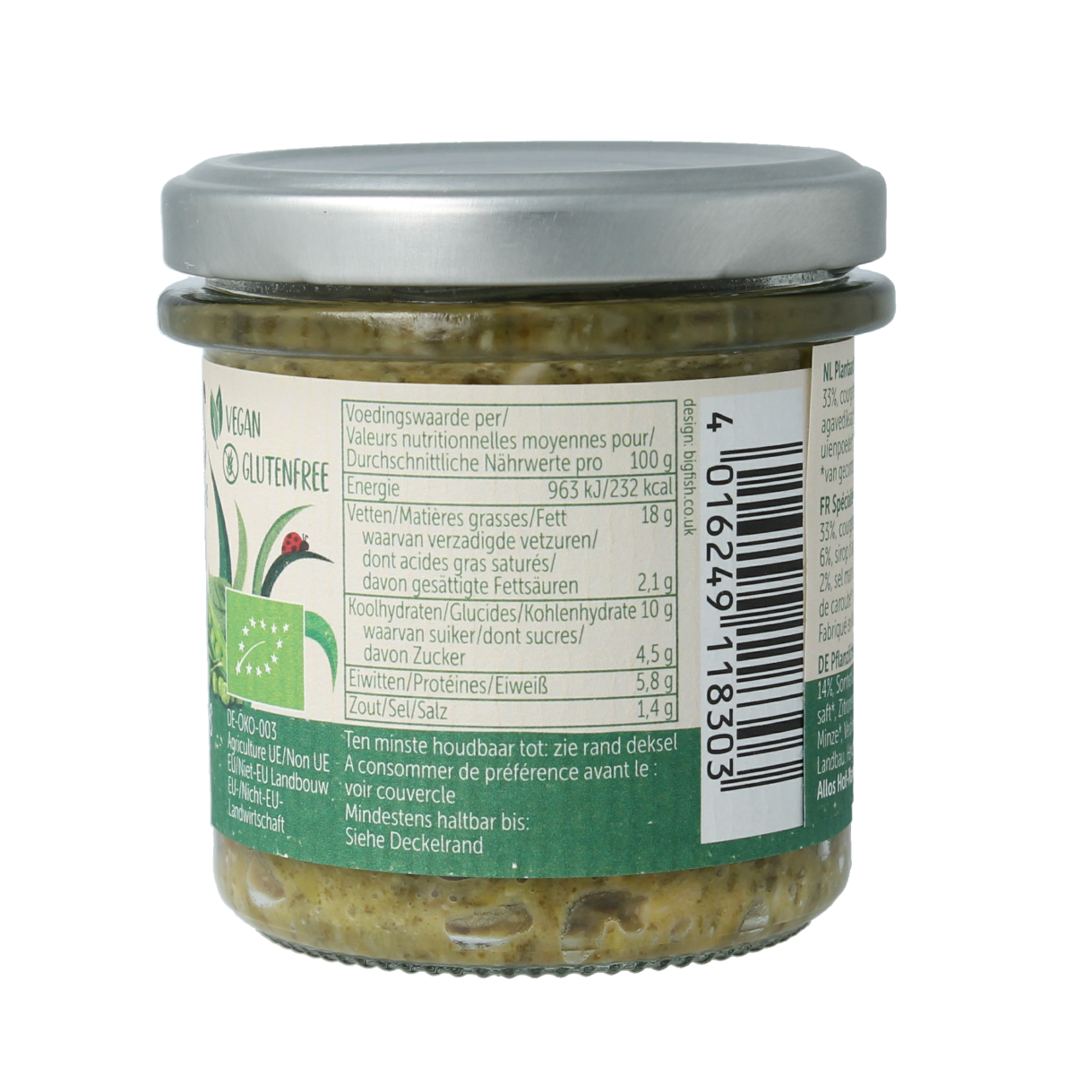 Allos Farm organic vegetable spread with peas and basil on bread, 135g, natural and flavorful broodbeleg.