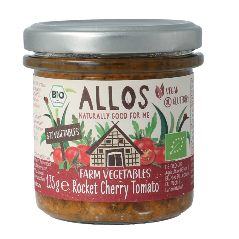 Allos Farm organic vegetables broodbeleg with fresh rucola and cherry tomatoes on bread, 135 grams.
