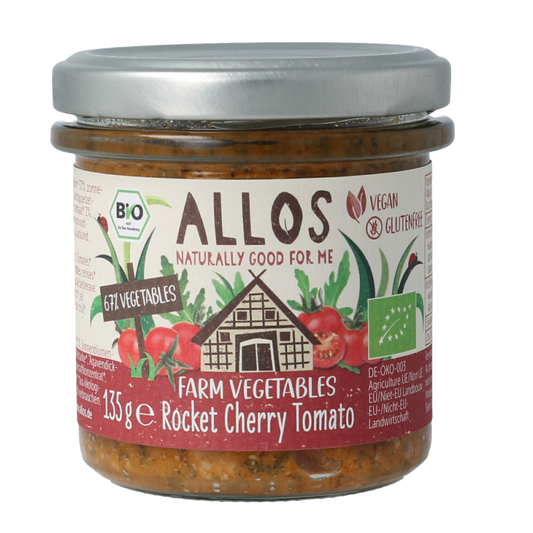 Allos Farm organic vegetables broodbeleg with fresh rucola and cherry tomatoes on bread, 135 grams.