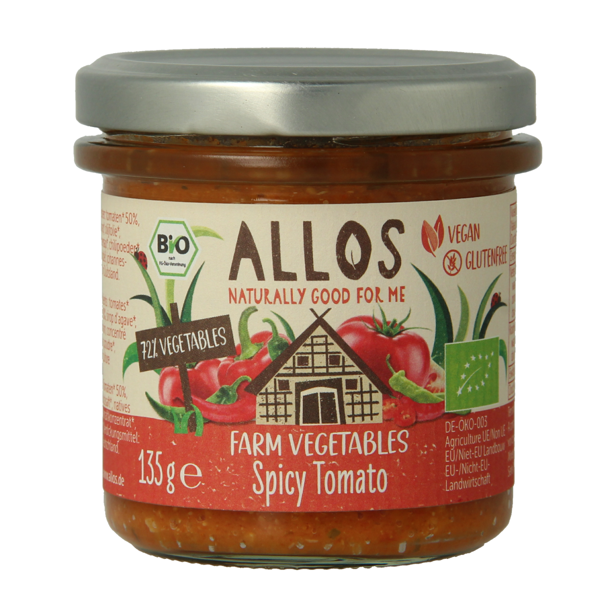 Allos Farm organic spicy tomato vegetable spread on bread, in 135g jar, with visible tomato chunks and herbs.