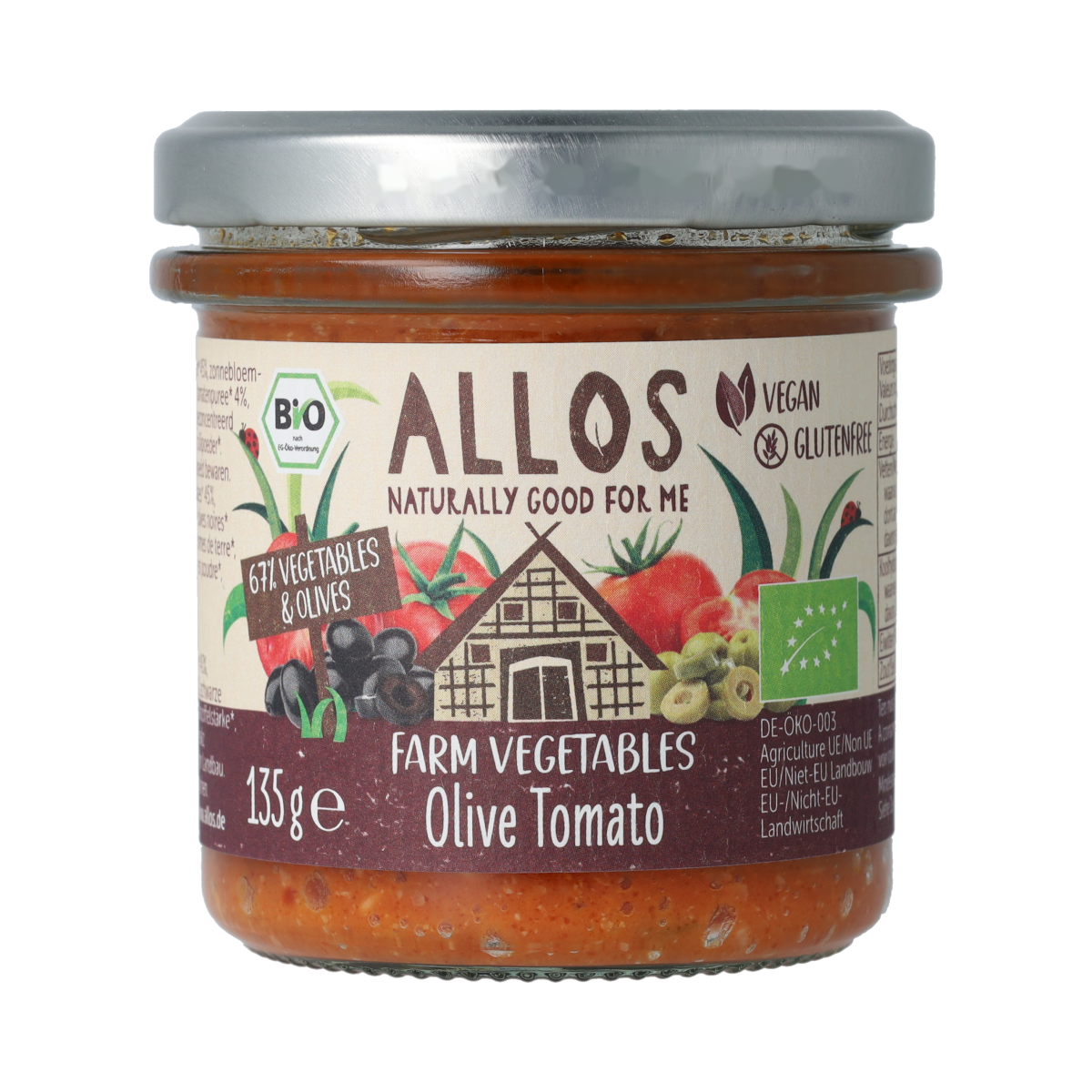 Allos Farm organic tomato and olive spread on bread, showcasing vibrant vegetables in a jar, perfect for a natural broodbeleg.