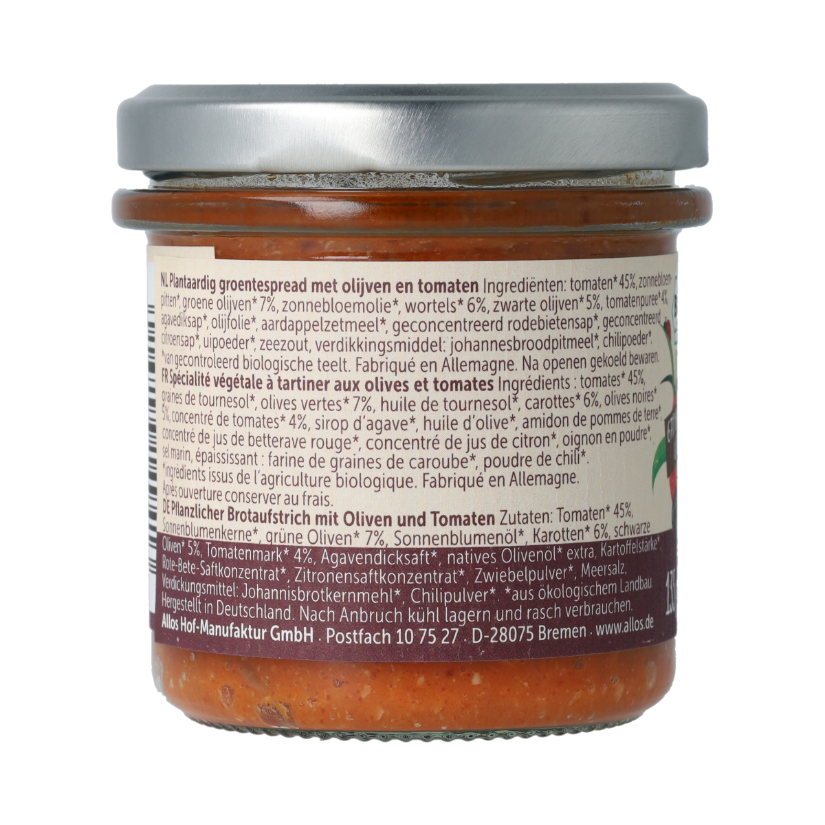 Allos Farm vegetable spread with tomato and olive bio, 135g, natural breadbeleg with fresh vegetables and organic ingredients.