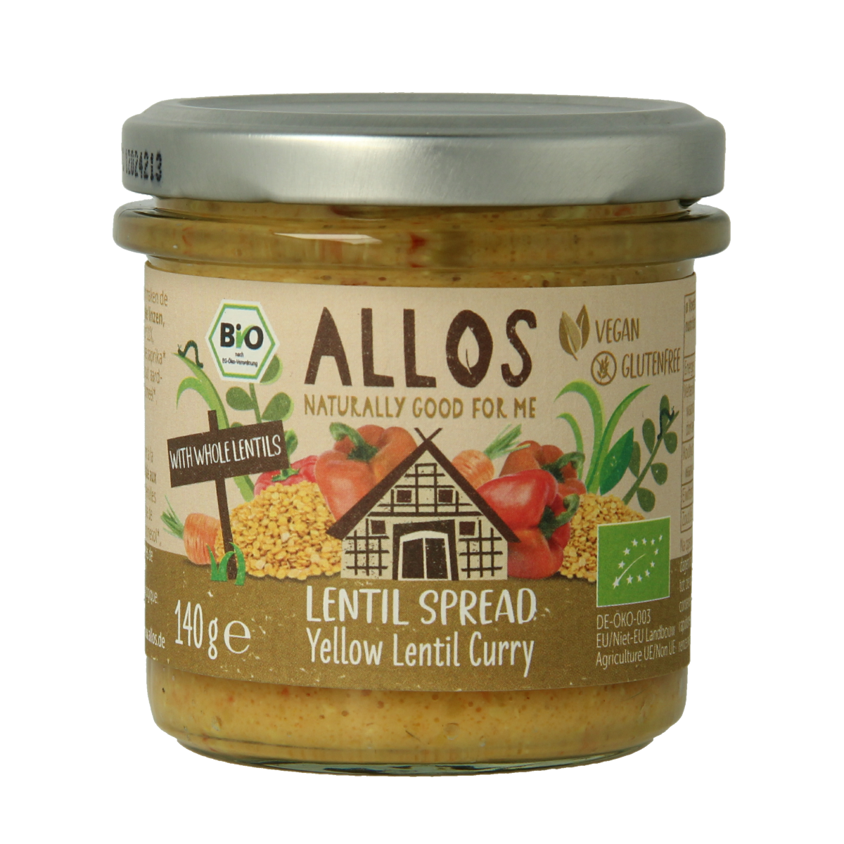 Allos Linzenspread gele curry bio in 140g jar, a flavorful organic sauce and seasoning for various dishes.