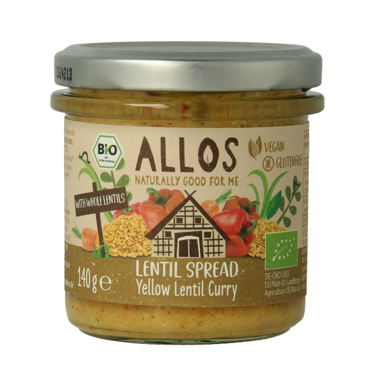 Allos Linzenspread gele curry bio in 140g jar, a flavorful organic sauce and seasoning for various dishes.