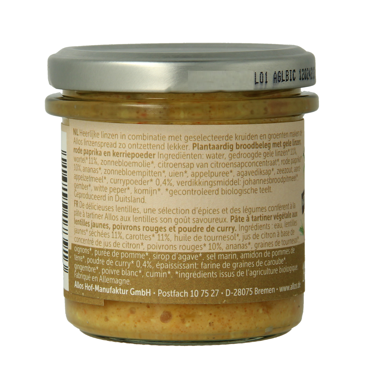 Allos Linzenspread gele curry bio in 140g jar, showcasing the organic lentil spread with curry flavor in a glass container.