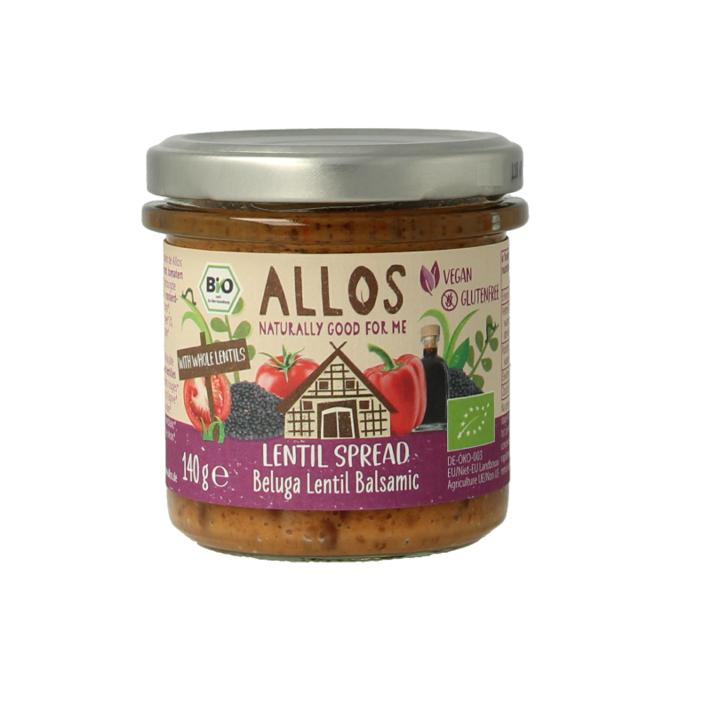 Allos beluga lentil spread with balsamic vinegar in 140g jar, from the Sauzen en Smaakmakers category.