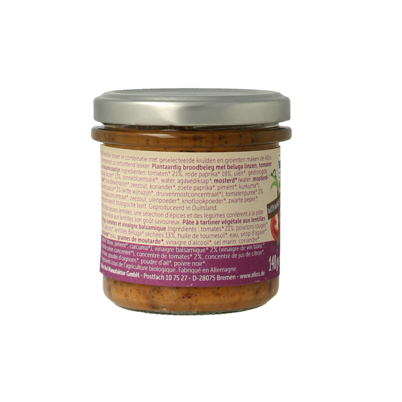 Allos beluga lentil spread with balsamic vinegar in a 140g jar, natural organic sauce and flavor enhancer.